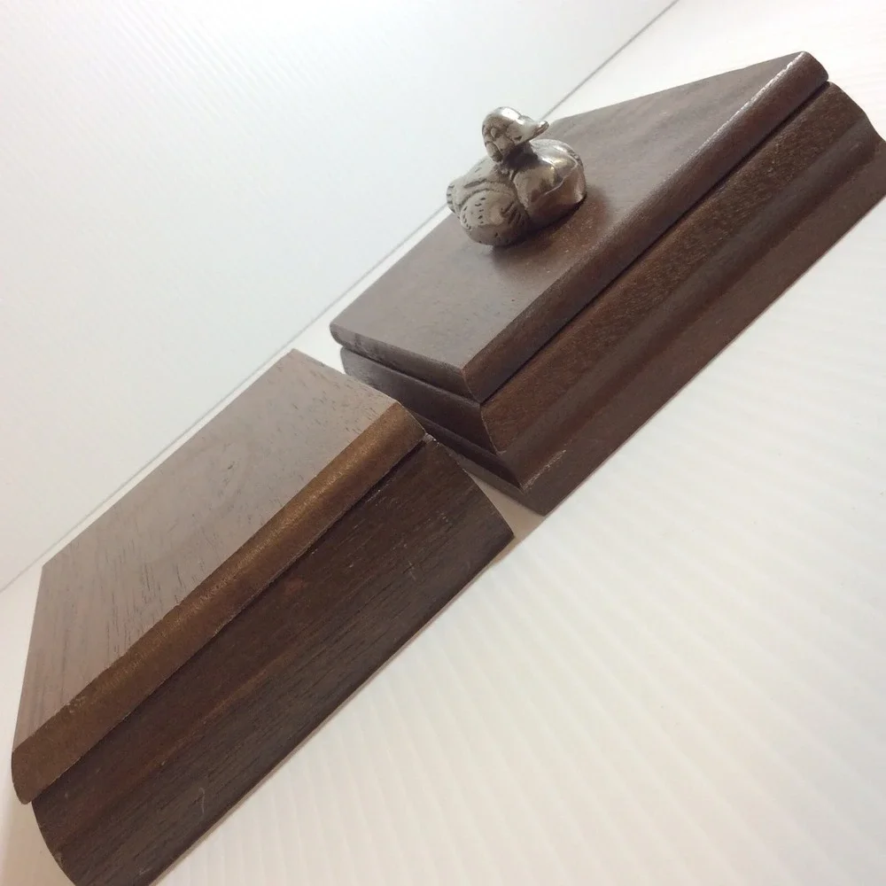 Lot 2 Wooden Box Playing Cards Holder One with Silver Duck and Plain